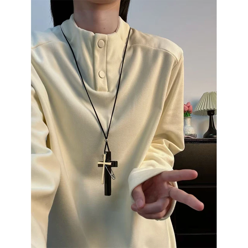 美式半纽扣双面德绒卫衣秋冬男款高级感小众设计长袖T恤情侣上衣
