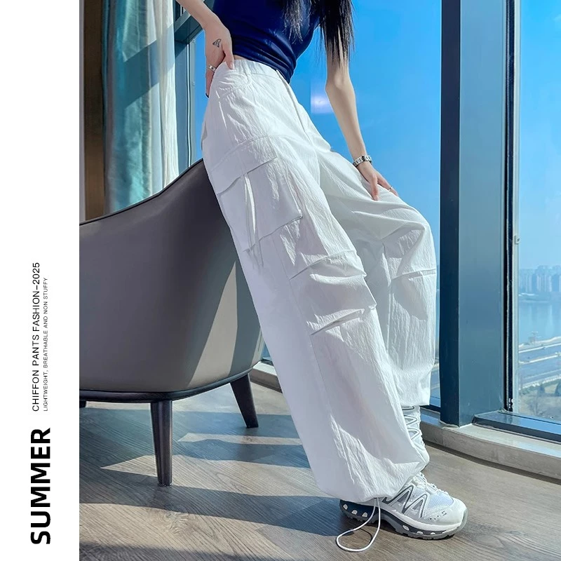白色工装裤女款夏季薄款2025新款酷飒风美式休闲宽松阔腿运动裤子