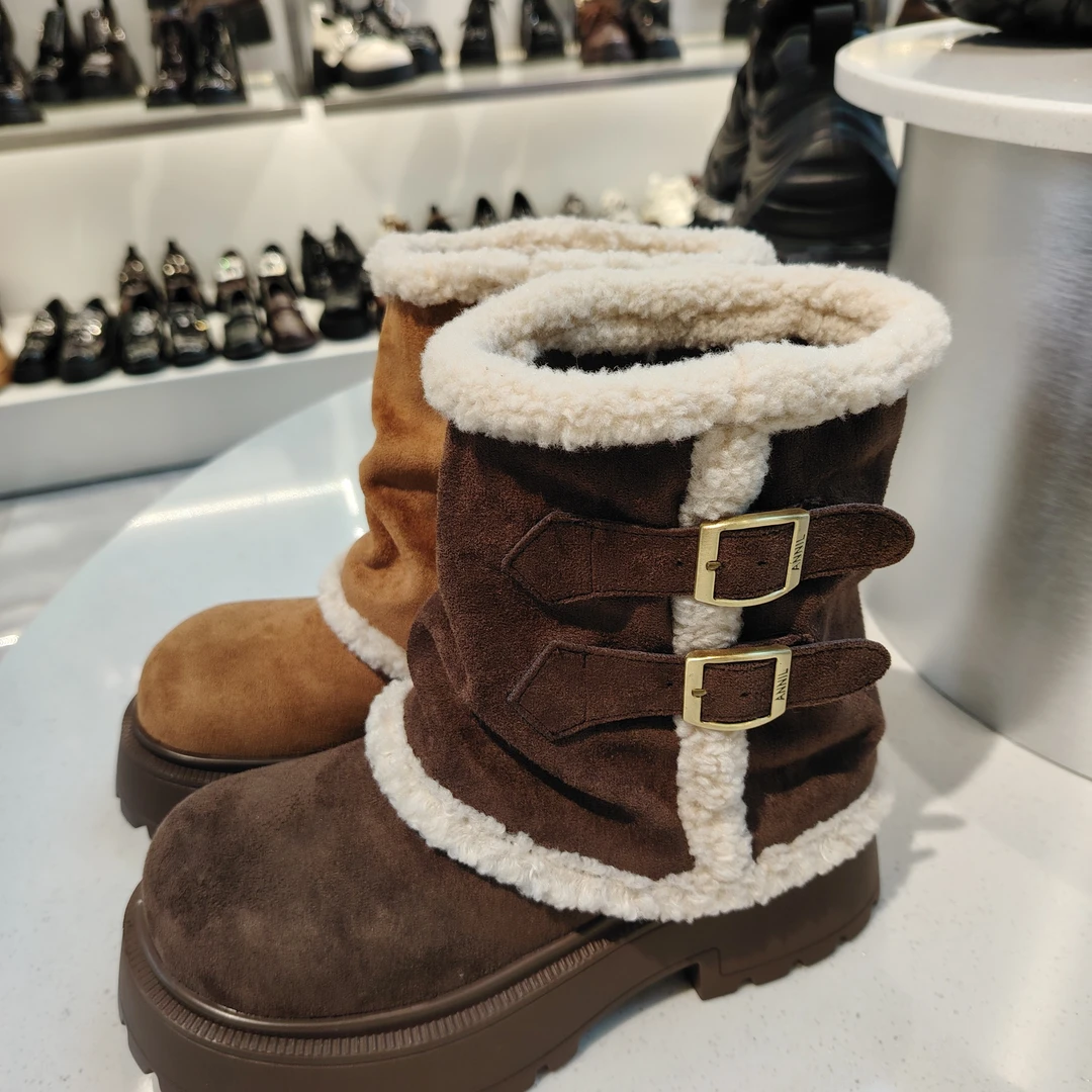 厚底加绒雪地靴女冬季中筒防滑保暖毛毛棉鞋洋气