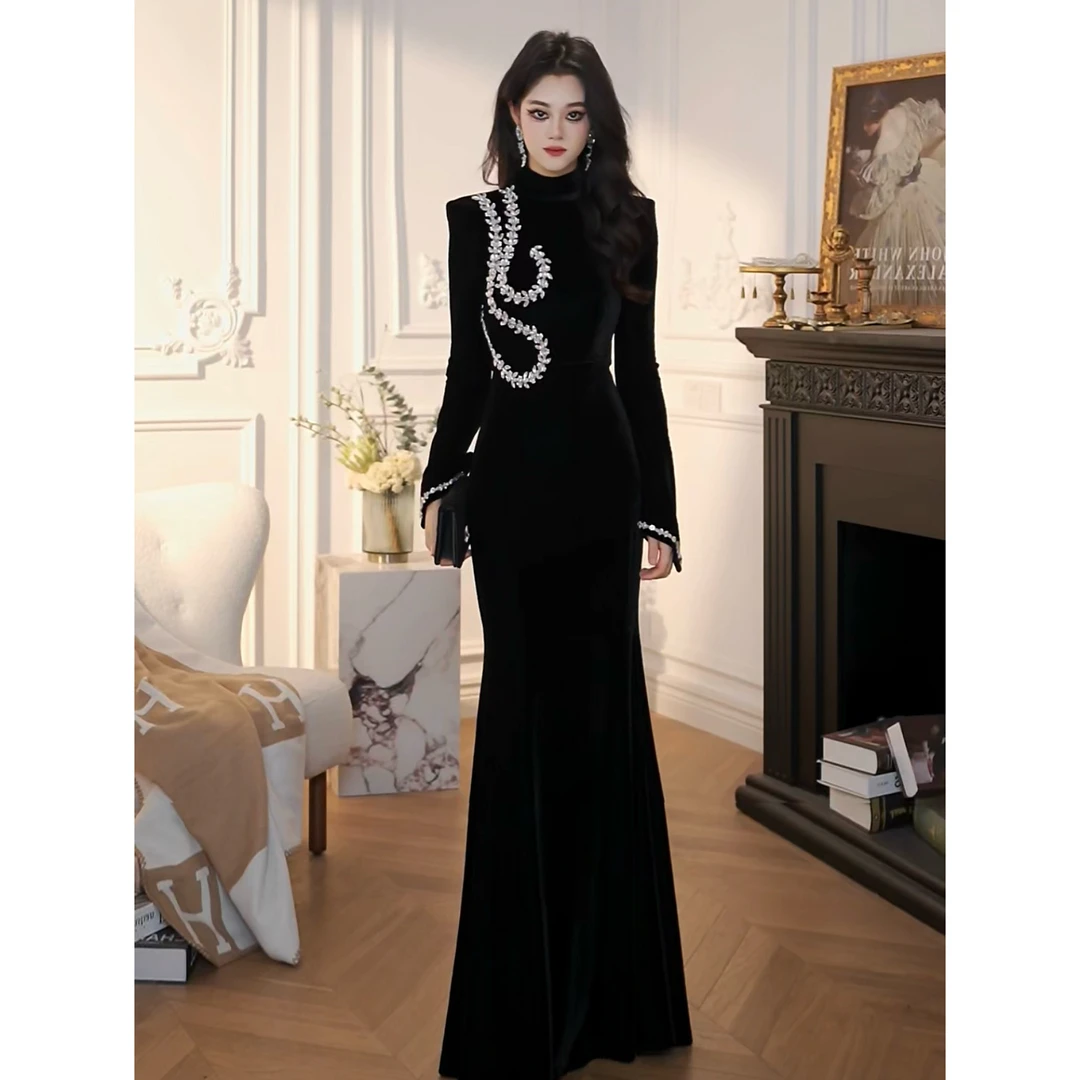 ZHAOMU 气质时尚黑色复古丝绒连衣裙优雅法式