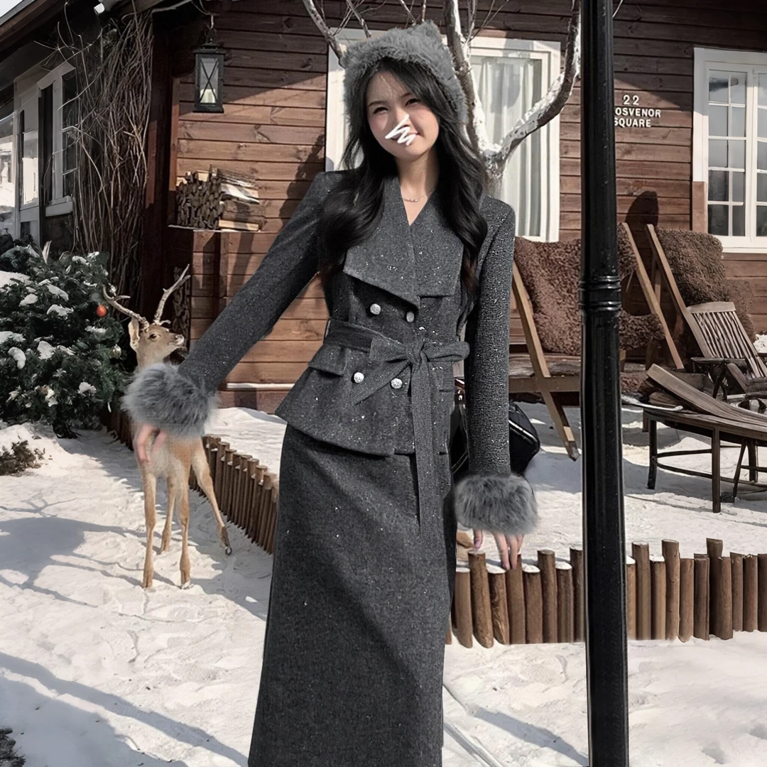 A【两件套】【有里布】2025秋季套装气质外套高腰包臀裙两件套HY0157