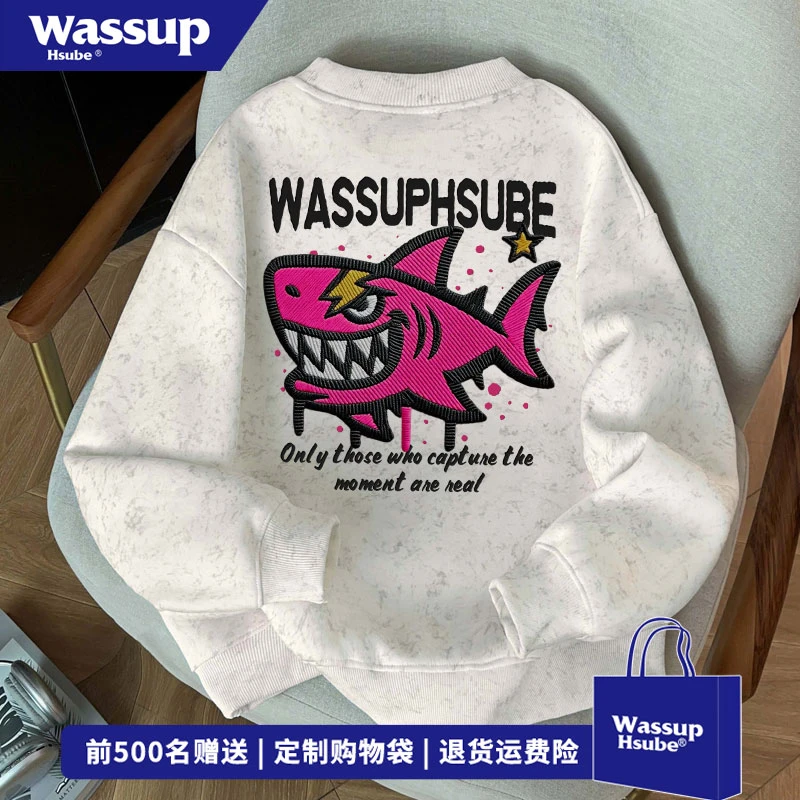 WASSUP HSUBE 高级感鲨鱼图案圆领卫衣男秋冬ins潮牌百搭无帽上衣