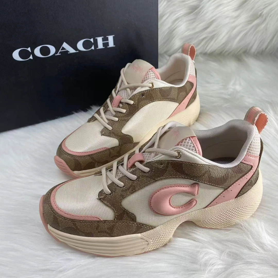 99新 COACH/蔻驰 37码/带盒/棕色印花时尚百搭厚底系带运动鞋 774