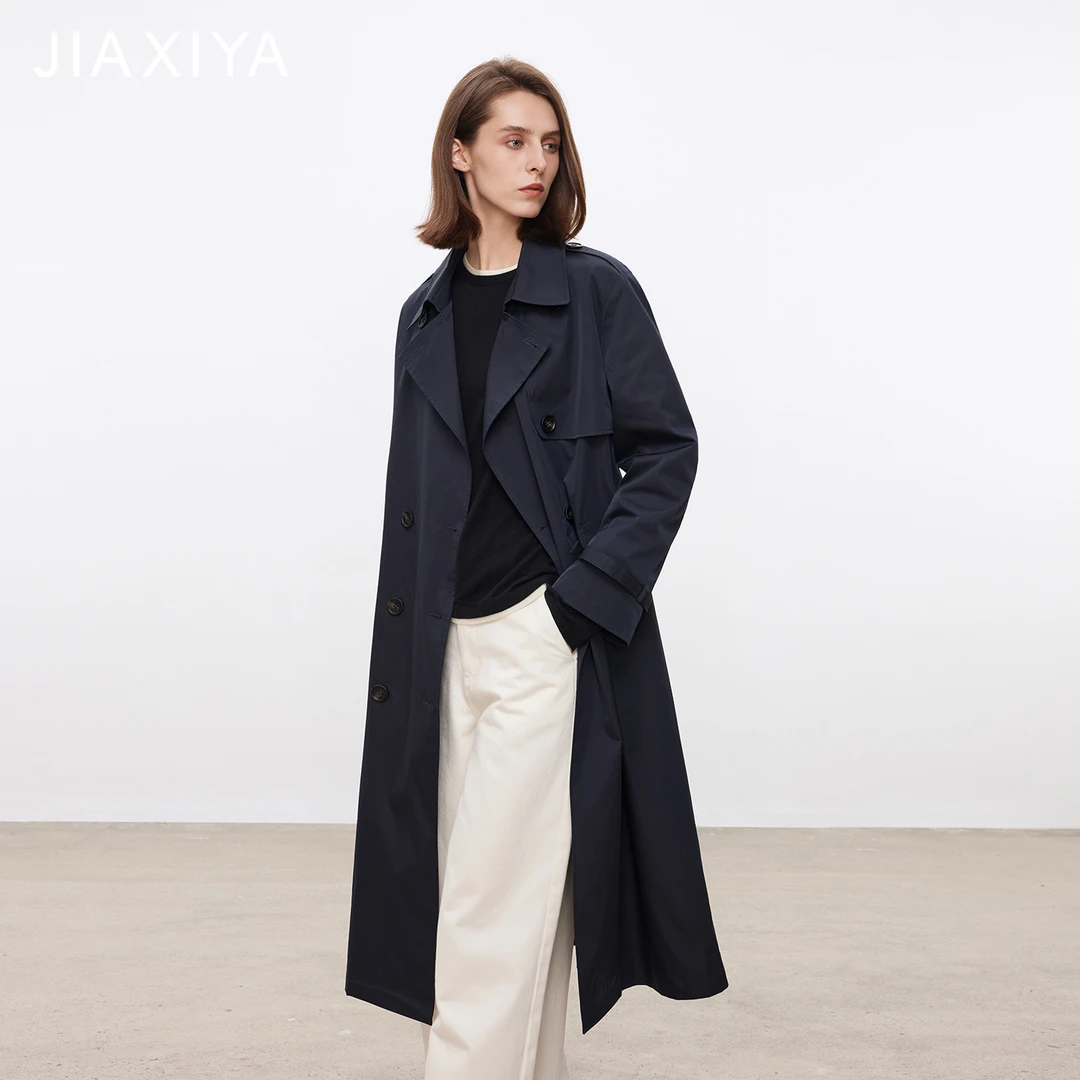 新款时尚洋气百搭女装简约通勤经典设计长款双排扣风衣231230002