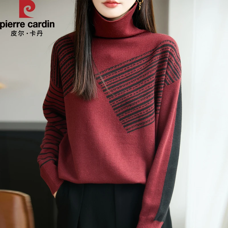 皮尔卡丹新款半高领拼色毛针织衫秋冬季立领针织宽松百搭打底上衣