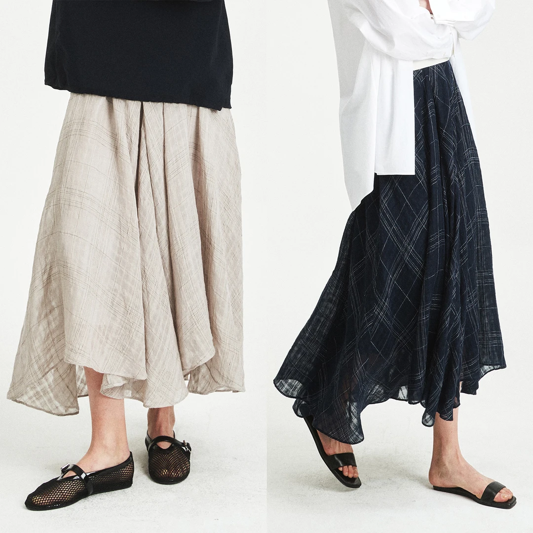 MRS Studios亚麻棉舒适不规则裁剪拼接 浪漫随性飘逸格子半身裙