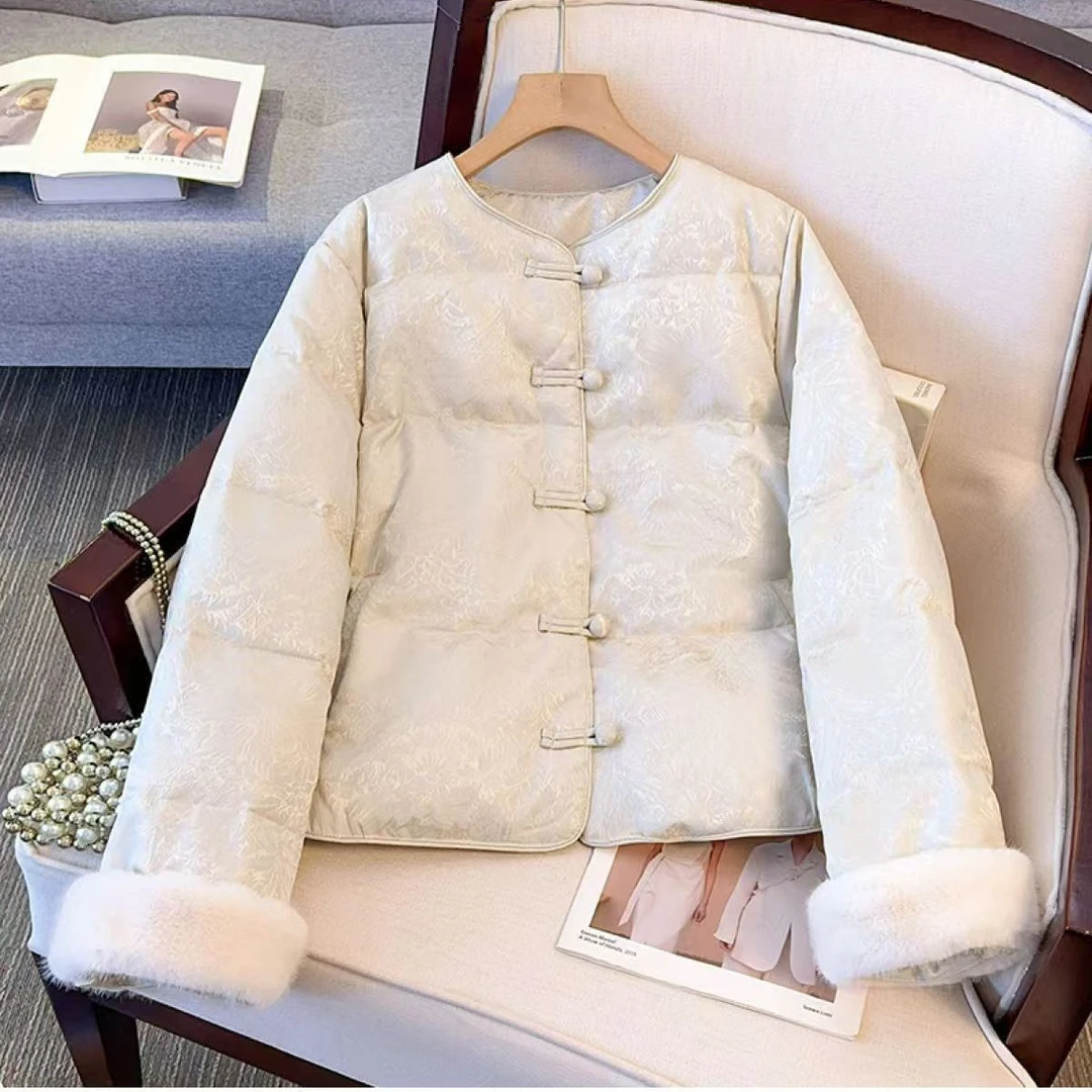 羽绒新中式国风提花盘扣女短款冬季毛毛袖拼接保暖小个子外套羽绒