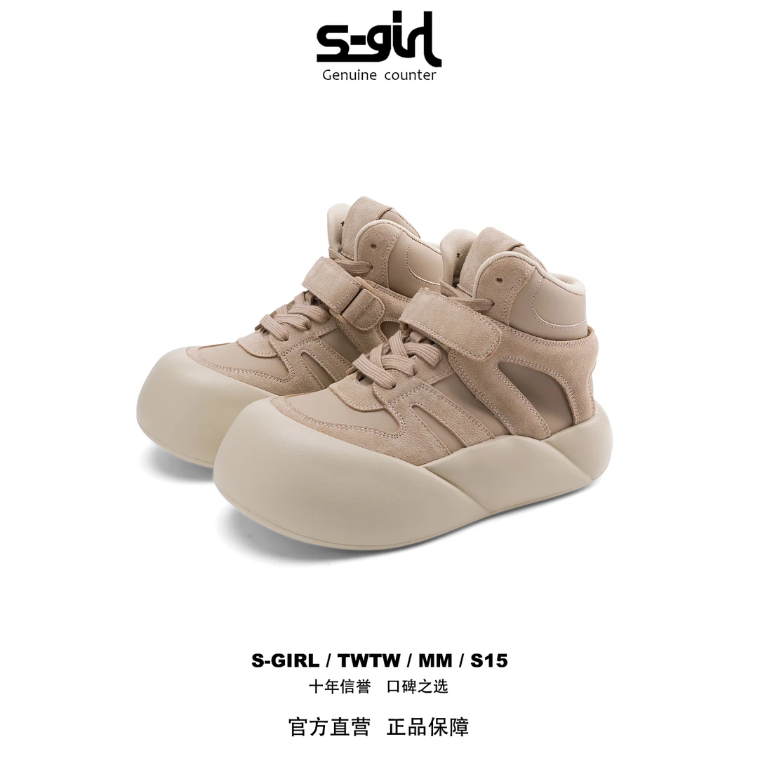 SGIRL TWTW复古厚底高帮鞋女2025秋季休闲面包鞋增高魔术贴板鞋潮