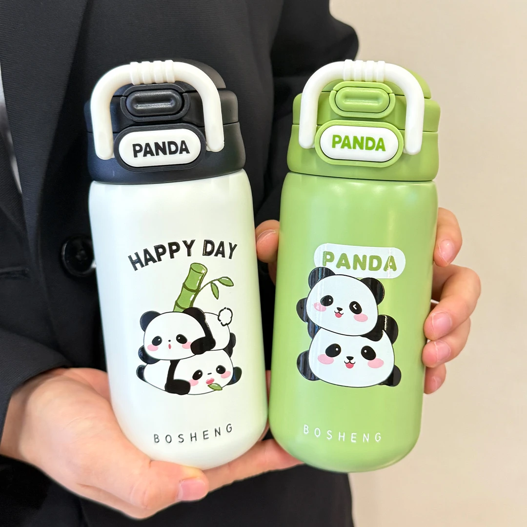 熊猫保温杯儿童水杯男女孩上学专用吸管杯316不锈钢便携双饮杯子