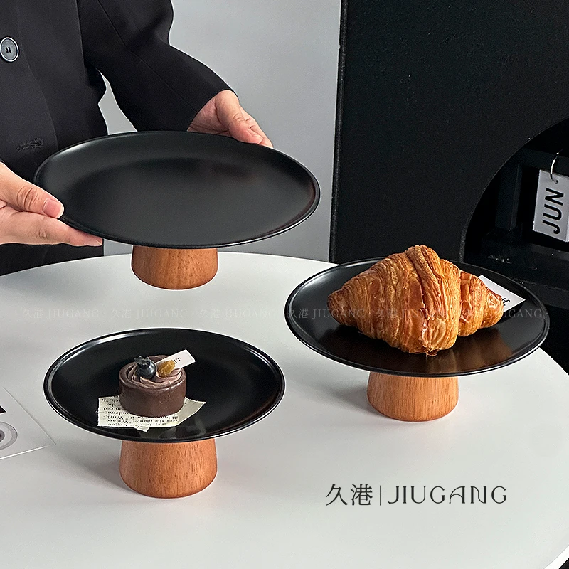高级感黑色不锈钢相思木高脚盘茶几零食摆放盘果盘糖果盘甜品盘