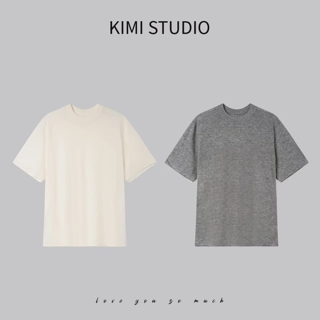 简约短袖T恤打底衫极细羊毛薄款卷边圆领松弛感针织上衣AW25140