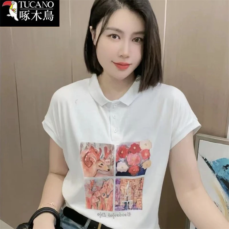 啄木鸟2025年新款潮流夏季薄款印花短袖T恤POLO领休闲百搭上衣女
