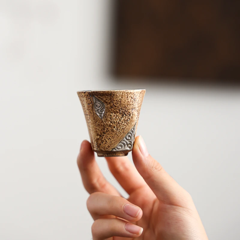 尘造重现祥云瑞彩宽口杯日式复古创意家用泡茶杯石头纹鎏银茶杯