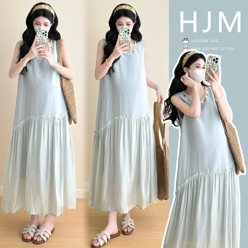 孕妇装夏装2025新款夏季外穿无袖宽松上衣拼接飘逸连衣裙背心裙女