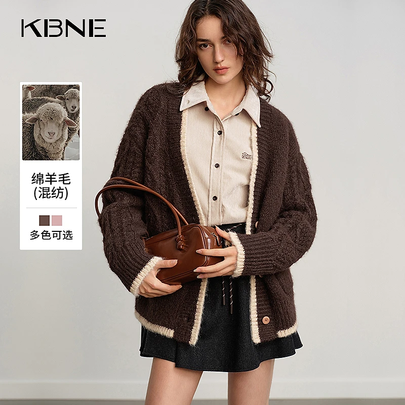 KBNE针织衫女款爆款2025秋冬新款慵懒风撞色复古绞花羊毛针织开衫