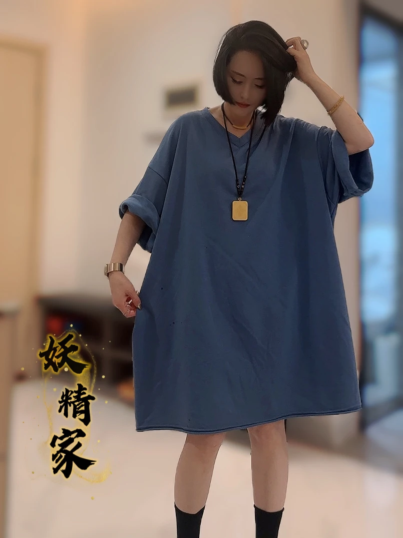 1090【妖精家】欧货大版T恤夏季欧货V领时尚宽松中长款遮屁股短袖