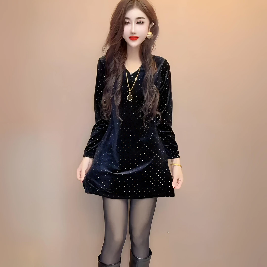 2025秋冬新款法式满天星烫钻时尚休闲宽松遮肚丝绒中长款V领大衫