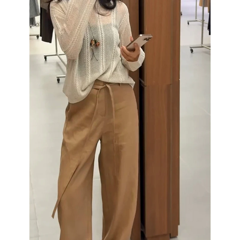 老钱风高腰设计弯刀裤女2025夏季新款斜裁工艺直筒宽松休闲裤子