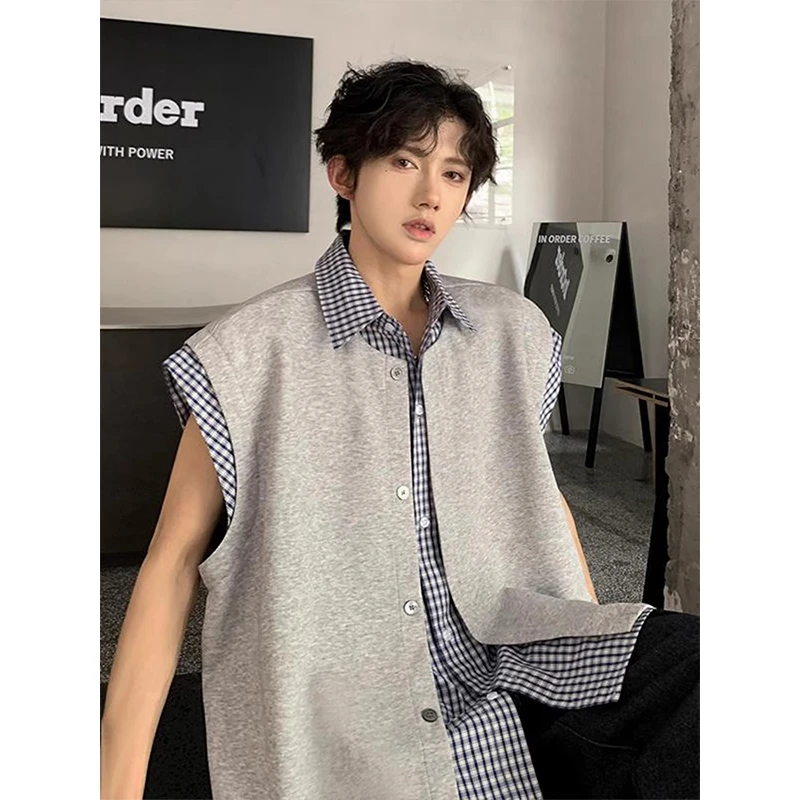 美式假两件马甲男款夏季拼接格子无袖衬衫设计感小众坎肩开衫背心