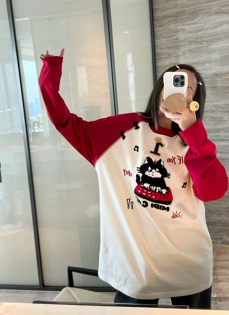 4527#深圳BOHAN秀秀家2025早春新款1 号数字撞色红色袖子T恤