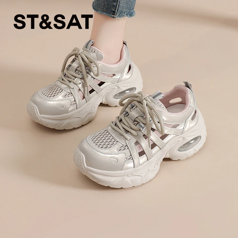 星期六透气镂空老爹鞋女子2025夏季新款运动凉鞋休闲厚底增高女鞋