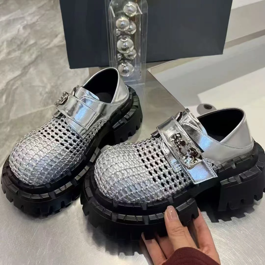 欧货2025夏新款网面镂空透气魔术贴圆头松糕厚底休闲乐福鞋女鞋