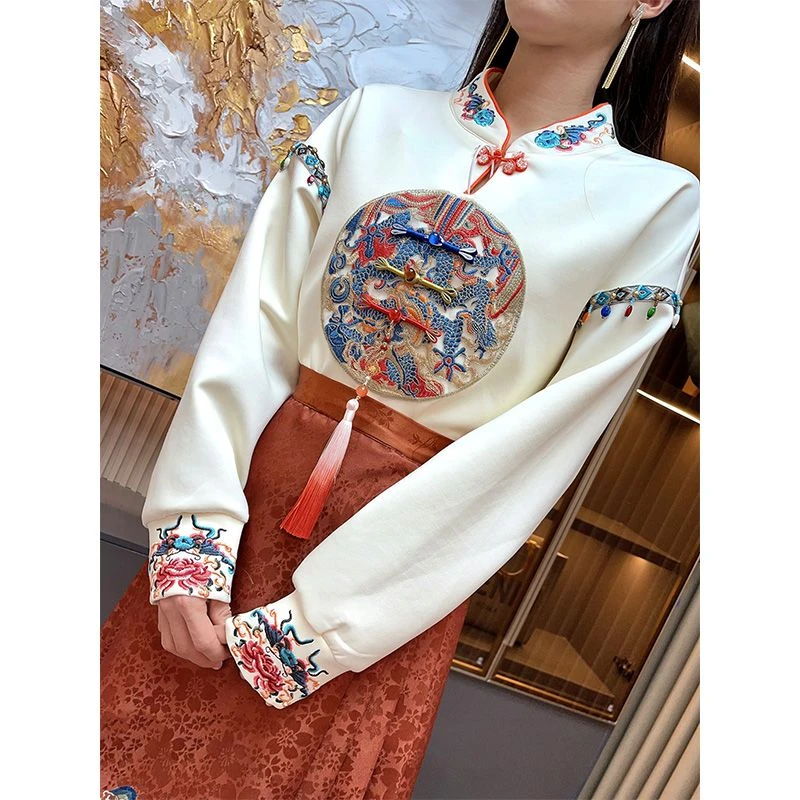 向沫新中式国风刺绣流苏立领卫衣汉服秋冬上衣F2333306A