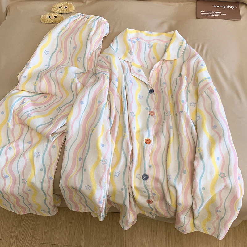 多巴胺甜美彩色波浪睡衣女秋冬季纯棉磨毛保暖冬款长袖长裤家居服