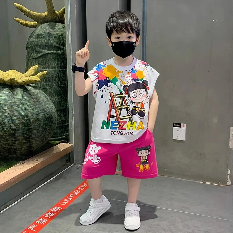 哪吒儿童服装男童夏季套装2025新款痞帅洋气运动宝宝无袖背心衣服