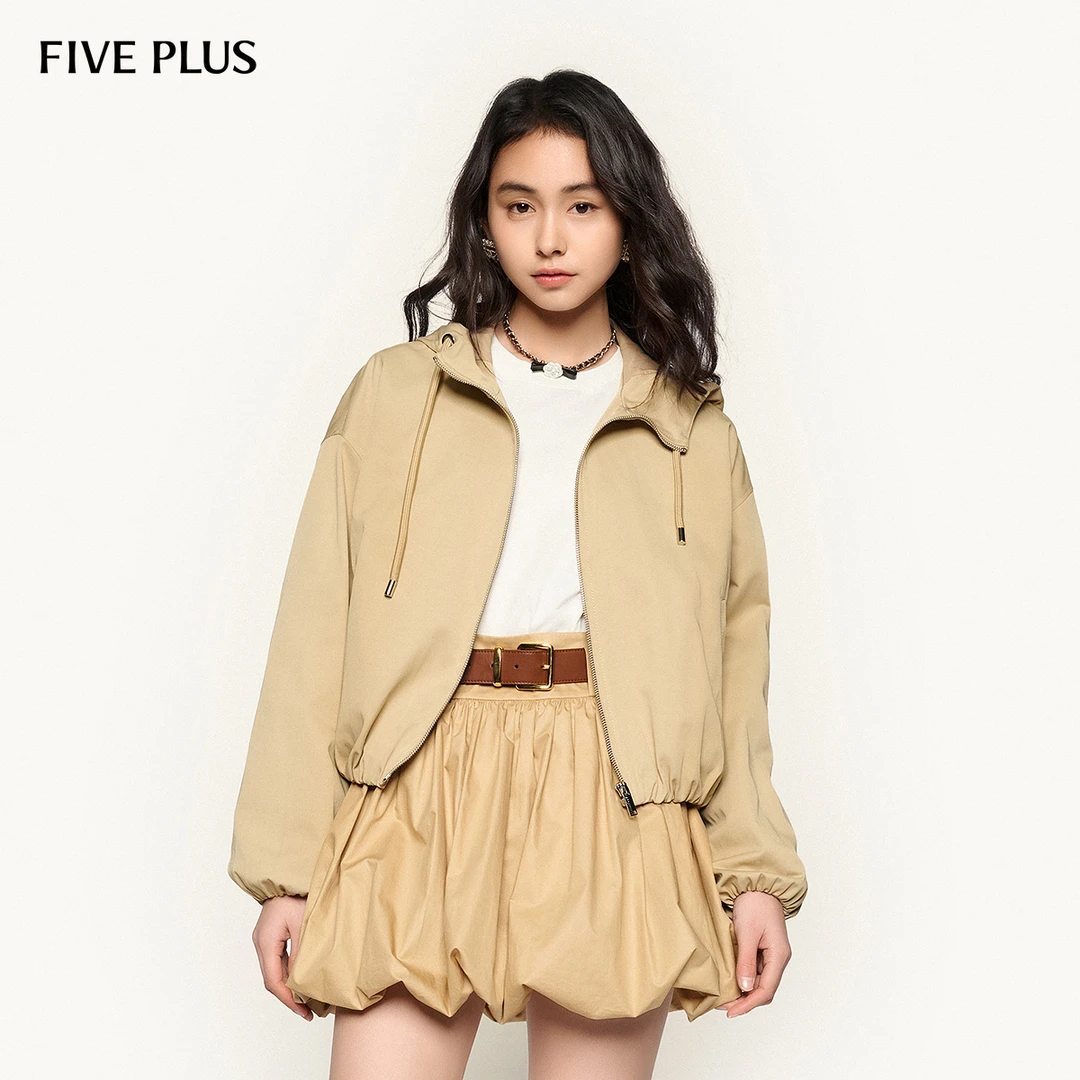 FIVE PLUS春装连帽外套女休闲通勤长袖卡其色风衣宽松2SE1040270