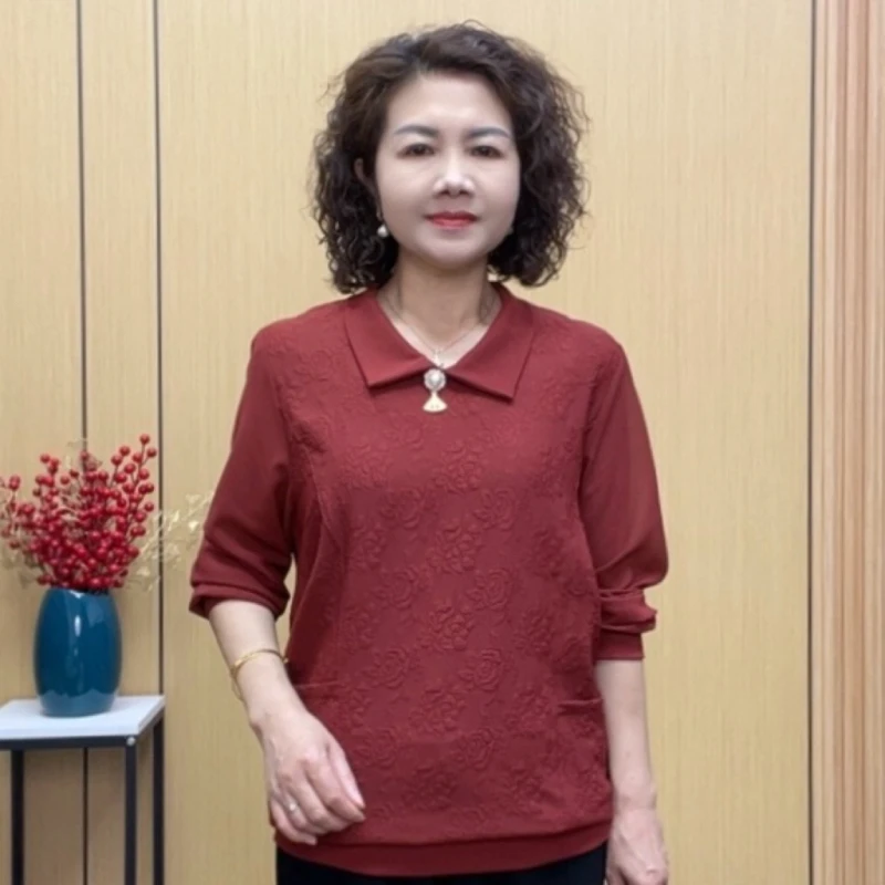 大码妈妈装2025春季时尚气质宽松休闲减龄中老年长袖洋气打底衫