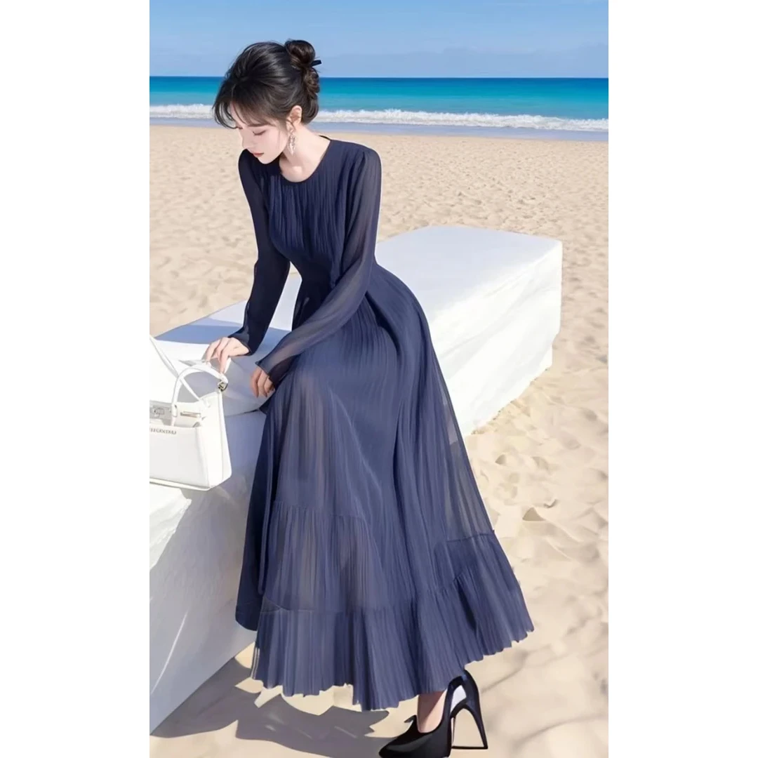 2025春装新款法式高级感大方得体气质绝美海边度假蓝色雪纺连衣裙