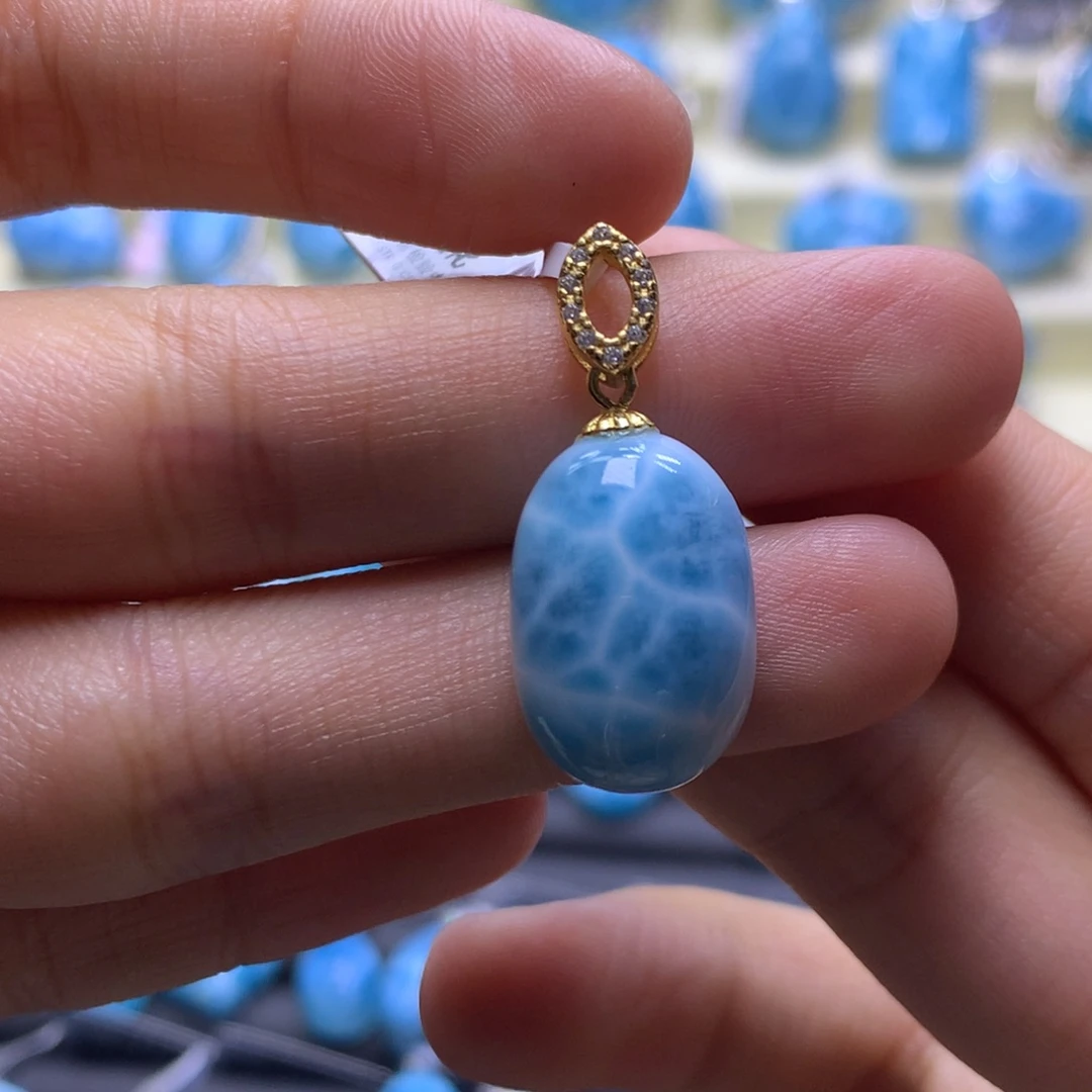 针钠钙石（海纹石）银S925镶嵌吊坠(不含链)蛋面吊坠色差略异