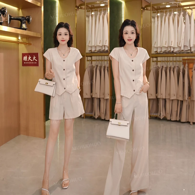 设计感夏季套装女透气时尚洋气减龄短袖阔腿短裤或长裤两件套8818