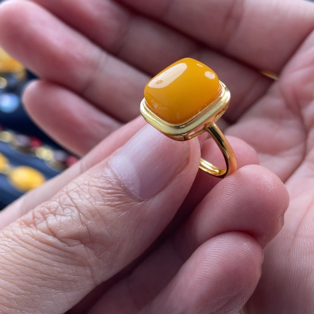蜜蜡戒指银S925镀金镶嵌