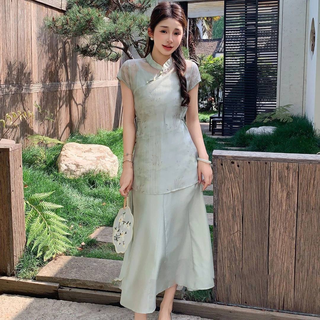 无印心匠D25165-1中国风A字裙显瘦短袖修身夏季立领旗袍 K487