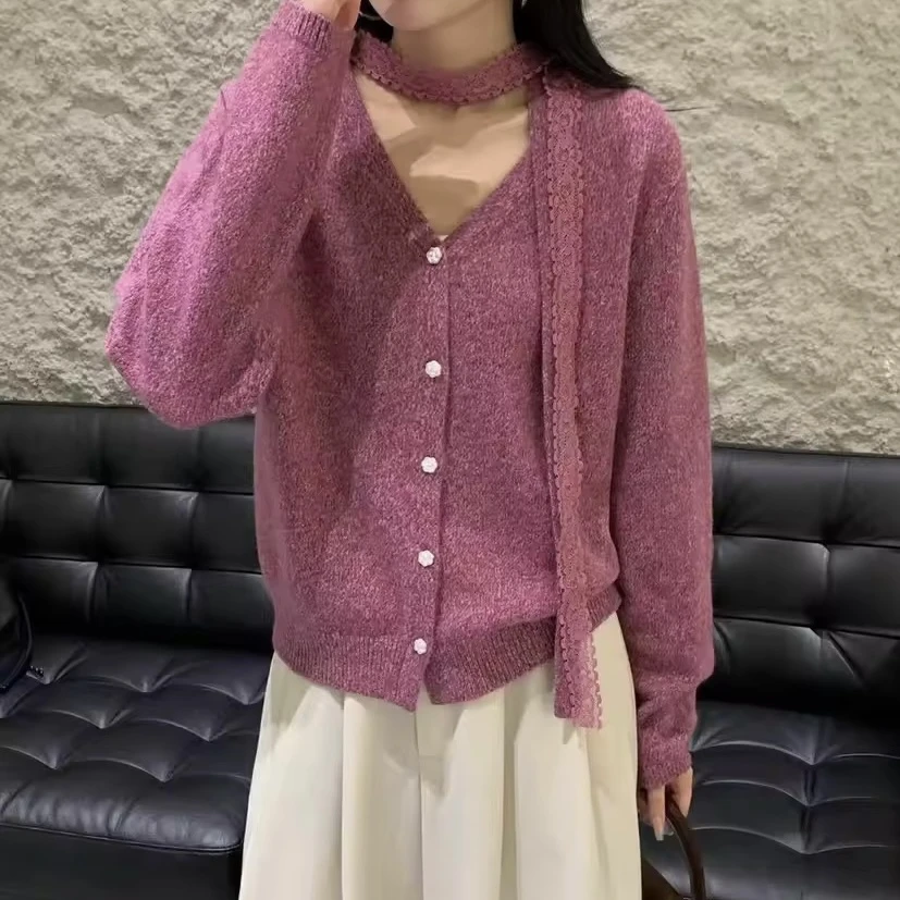 玲姐定制-洋气紫时尚V领蕾丝飘带针织开衫280143