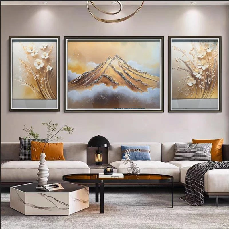 [喜宅家艺]Q320云鼎金峰中式客厅实物画轻奢沙发背景墙三联画