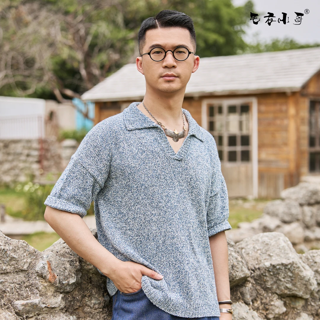 毛衣小哥夏季POLO领光影织带棉男女短袖手工编织成衣定制棒针编织