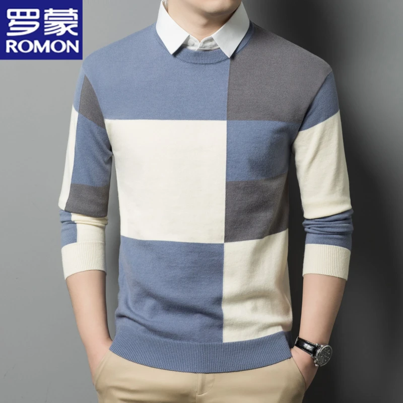 罗蒙秋冬季衬衫领假两件男士叠穿毛衣潮流百搭休闲格子针织打底衫