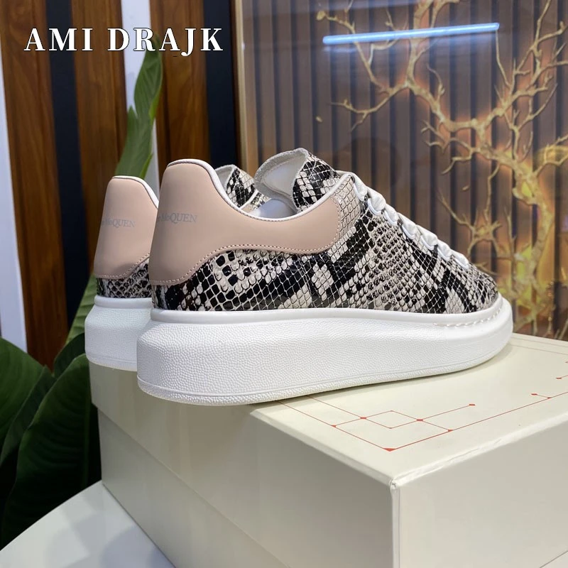 AMI DRAJK新款季麦昆男鞋蛇纹真皮圆头系带低帮板鞋厚底增高百搭