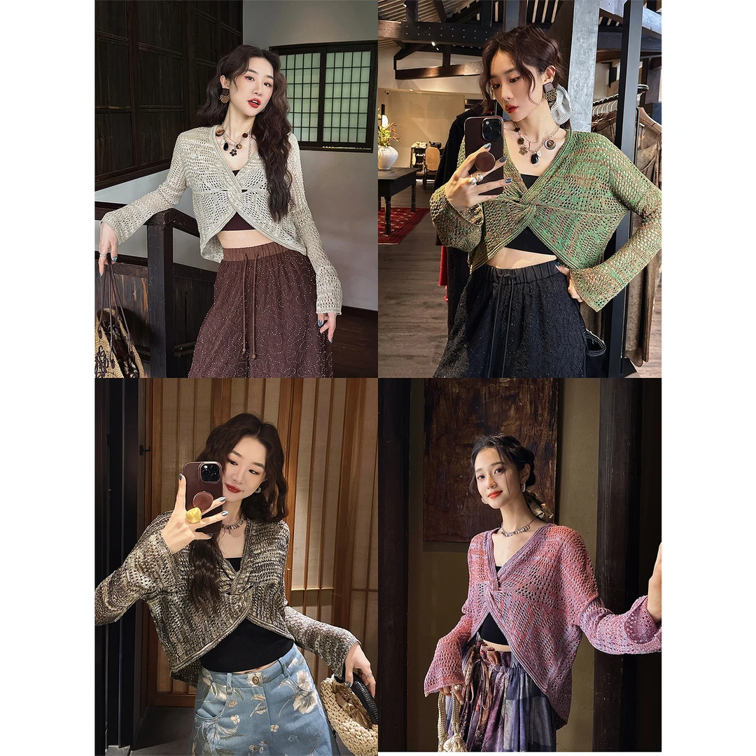 三吉黑花【蝶翼】绑带扭结镂空混色针织上衣女2025新款高级感外搭