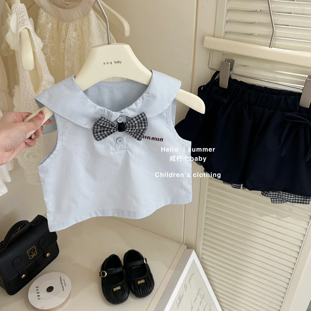 现【咸柠七】女童夏装学院风背心套装新款洋气女宝宝蝴蝶结百褶裙