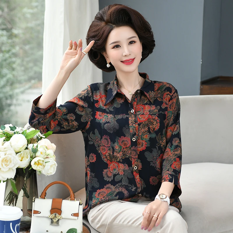 中老年新款女装棉绸衬衫妈妈装七分袖50岁老人衣服奶奶装衬衣透气