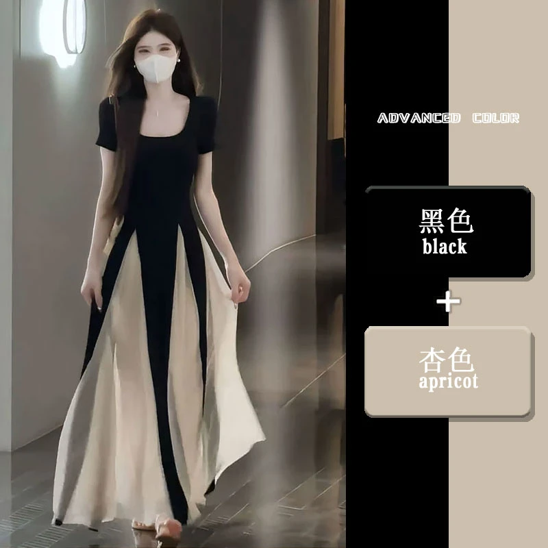 大码女夏季气质绝美收腰a字裙高端精致独特设计感拼接网上连衣裙