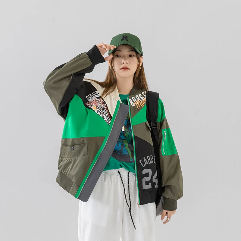 秋季薄款长袖休闲拼接春季女棒球服情侣复古中长款