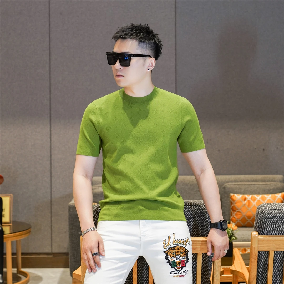 2025秋冬新款男圆领针织短袖毛衣字母提花毛衣欧货高端潮KL25608