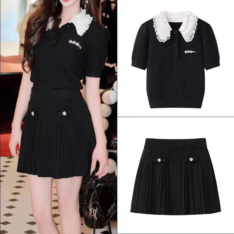 2025年春夏季新款优雅气质感重工钉珠花朵装饰针织上衣半裙套装女