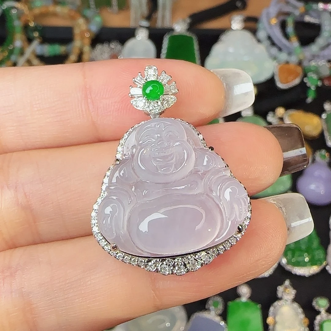 翡翠18K金镶嵌颈饰起胶一刀切舒佛