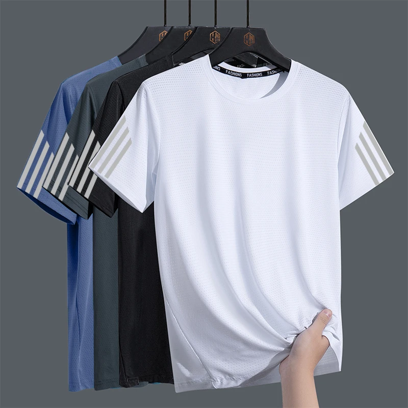 夏季轻奢休闲圆领宽松冰丝网眼短袖速干透气男士运动冰爽t恤百搭